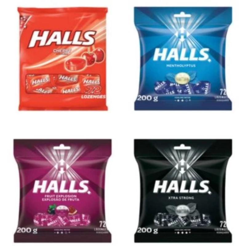 Halls Cherry, Mentholyptus, Fruit Explosion & Xtra Strong Lozenges Pouch (4 x 200 g)